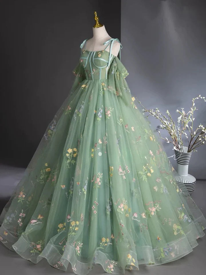 Sweet A-Line Prom Dress Lace Up Shoulder Strap Tulle Lace Green Long flower Dress