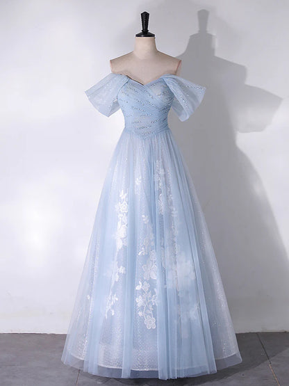 A-Line Off Shoulder Tulle Lace Bead string Long Shining Long Formal Prom Dress