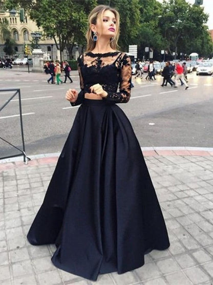 Ball Gown Long Sleeves Bateau Satin Floor-Length Party Dresses Formal Dresses