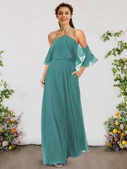 A-Line Bridesmaid Dress Halter Neck Sleeveless Elegant Floor Length Chiffon with Ruffles