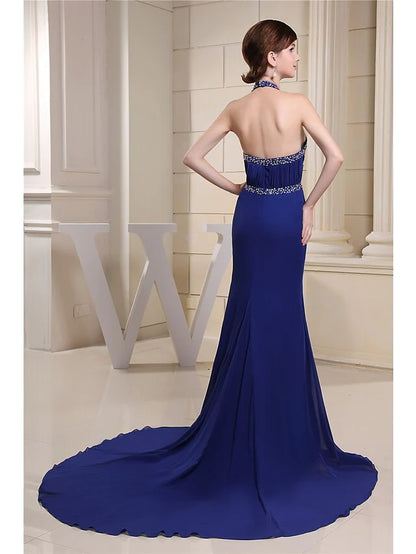 Mermaid / Trumpet Evening Gown Sparkle Dress Engagement Chapel Train Sleeveless Halter Chiffon with Beading