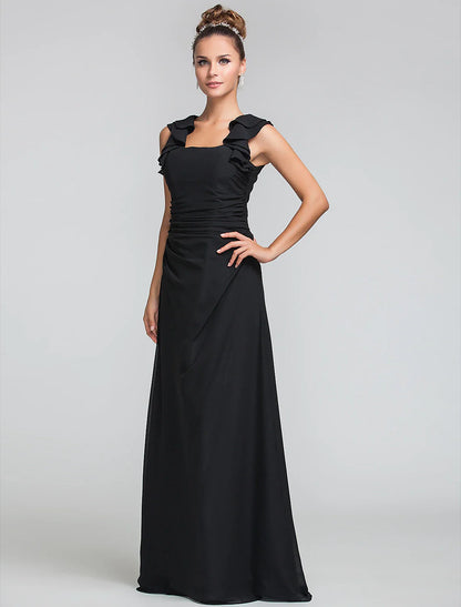 Sheath / Column Square Neck Floor Length Chiffon Bridesmaid Dress with Ruffles