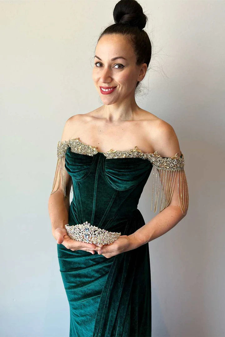 Velvet Off-the-Shoulder Fringe Long Prom Dress