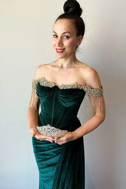 Velvet Off-the-Shoulder Fringe Long Prom Dress