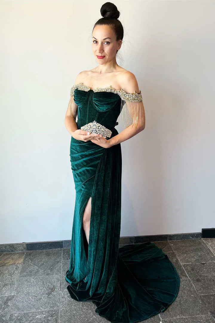 Velvet Off-the-Shoulder Fringe Long Prom Dress