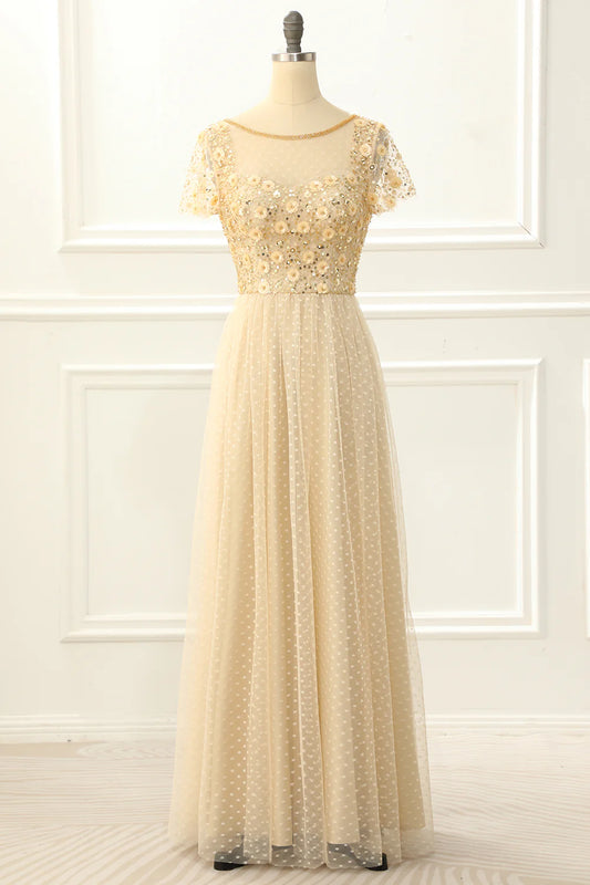 Apricot Round Neck A Line Tulle Sequins Prom Dress with Appliques