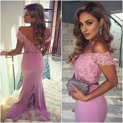 Sheath Mermaid Off The Shoulder  Purple Lace Prom Dresses Formal Dresses Bridesmaid Dresses With Slit