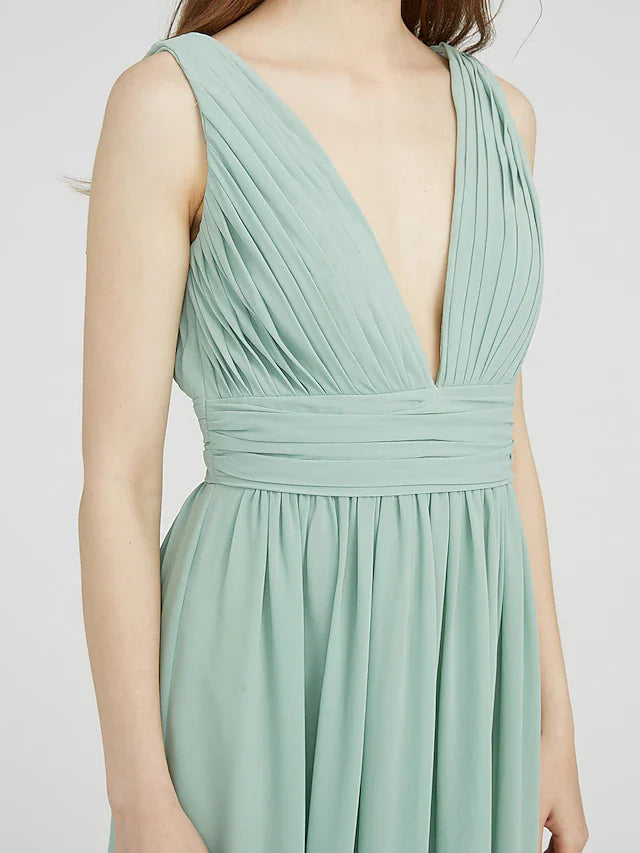 Sheath / Column Bridesmaid Dress V Neck Sleeveless Elegant Floor Length Chiffon with Ruched / Side Draping