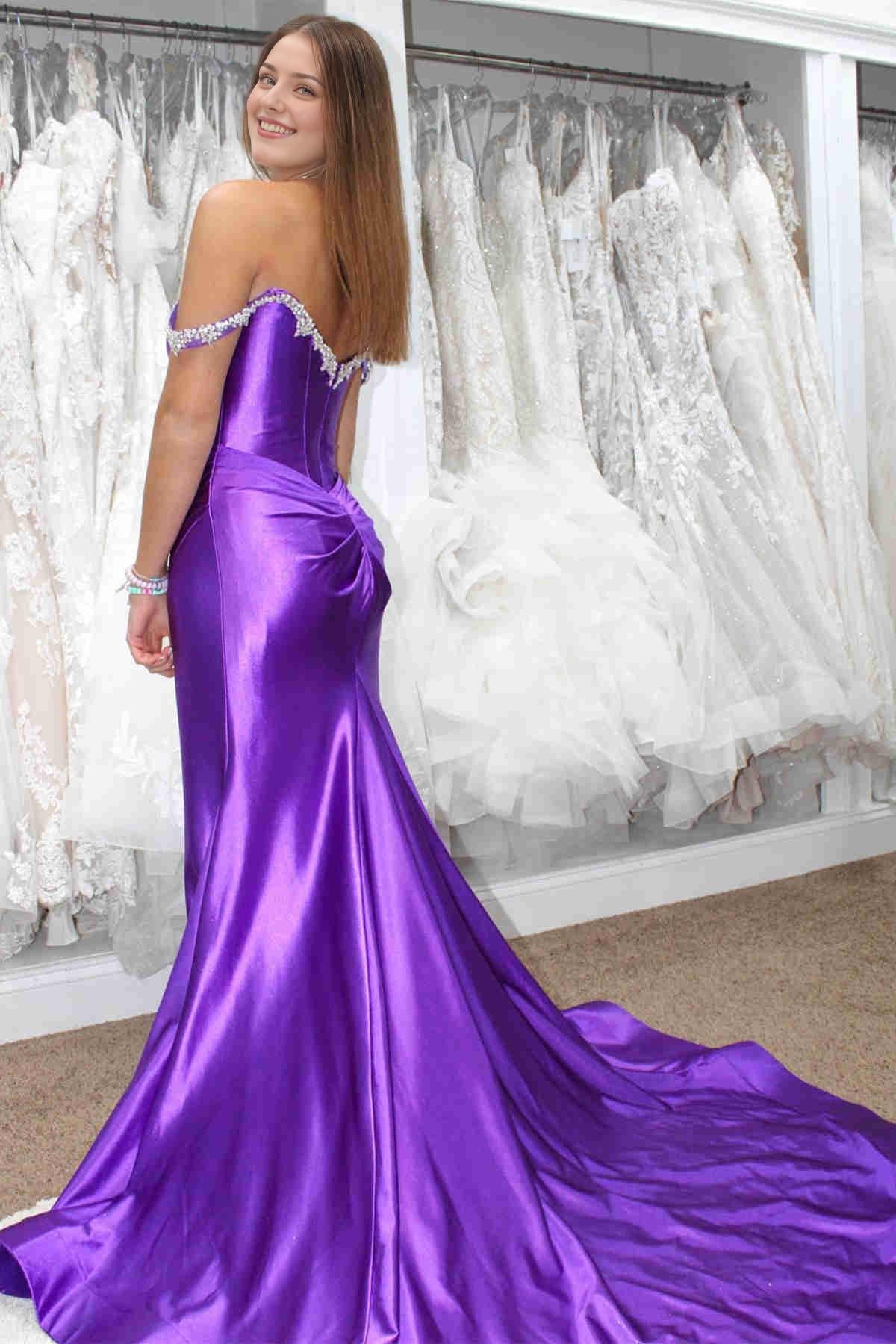 Sheath Mermaid Off the Shoulder  Sweep/Brush Train Evening Dresses Beaded Royal Blue Prom Dress with Slit