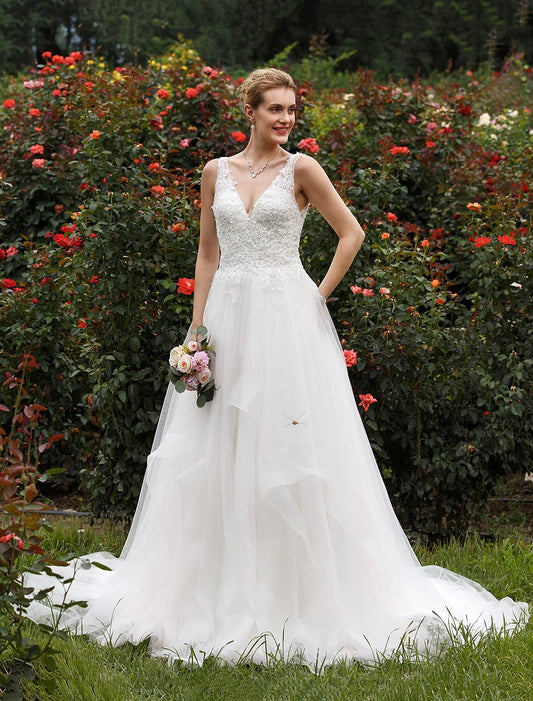 Hall Wedding Dresses Princess Plunging Neck Sleeveless Chapel Train Tulle Bridal Gowns With Sequins