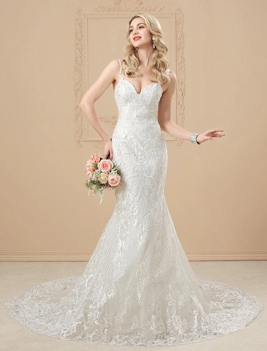 Mermaid / Trumpet Sweetheart Spaghetti Strap Chapel Train Satin Bridal Gowns With Buttons Appliques  Mermaid / Trumpet Sweetheart Spaghetti Strap Chapel Train Satin Bridal Gowns With Buttons Appliques