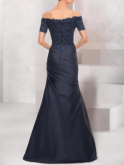 Mother of The Groom / Bride Dress Mermaid Cultivate oneself Elegant Vintage Off Shoulder V Neck Satin with Lace Ruched Fall Wedding Guest Dress