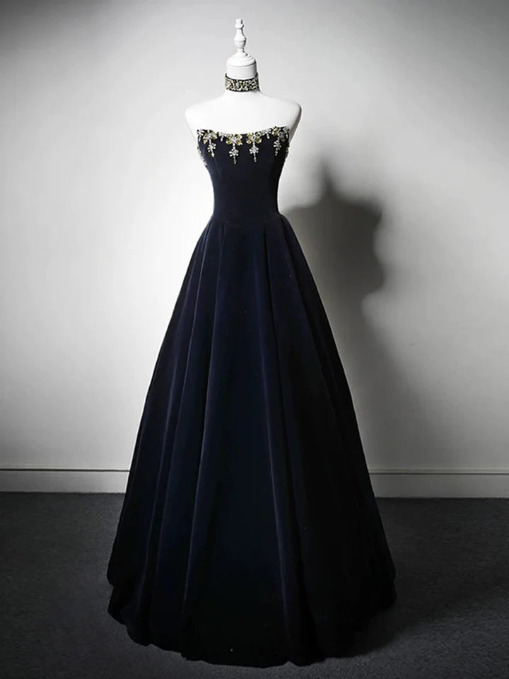 Fashion Simple A-Line Prom Dress Velvet Dark Blue Bead string Long Temperament Dress