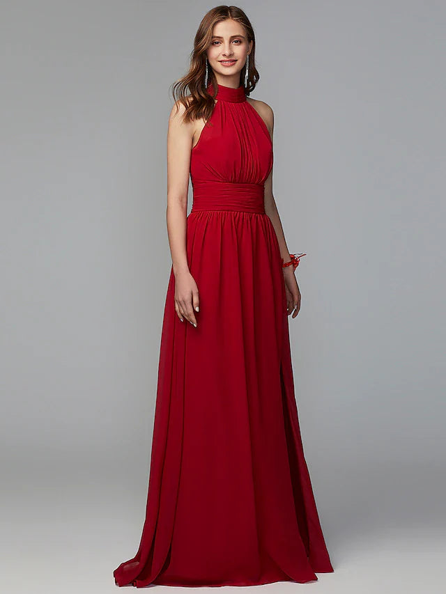 A-Line Bridesmaid Dress High Neck Sleeveless Furcal Floor Length Chiffon with Pleats / Split Front