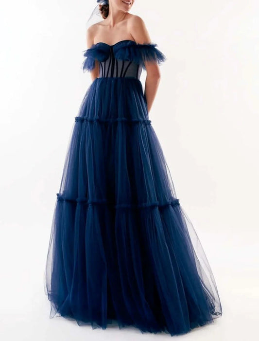 A-Line Prom Dresses Elegant Dress Wedding Guest Floor Length Short Sleeve Off Shoulder Tulle with Pleats RufflesA-Line Prom Dresses Elegant Dress Wedding Guest Floor Length Short Sleeve Off Shoulder Tulle with Pleats Ruffles