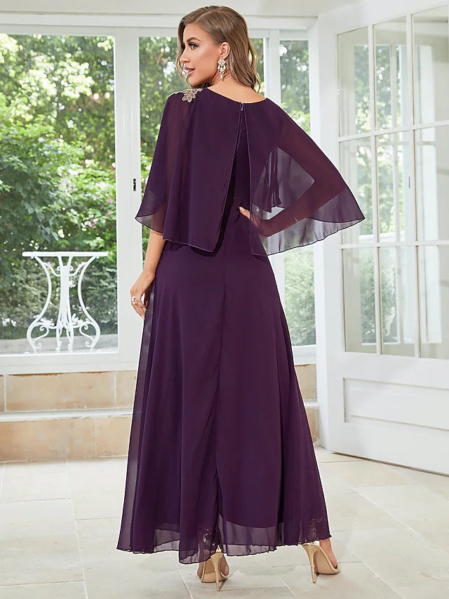 A-Line Wedding Guest Dresses Elegant Dress Party Wear Floor Length Half Sleeve Jewel Neck Chiffon with Ruffles