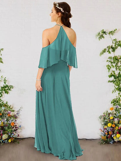 A-Line Bridesmaid Dress Halter Neck Sleeveless Elegant Floor Length Chiffon with Ruffles