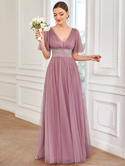 A-Line Bridesmaid Dress V Neck Short Sleeve Plus Size Floor Length Tulle with Ruffles / Draping / Tier