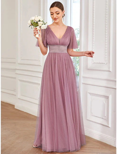 A-Line Bridesmaid Dress V Neck Short Sleeve Plus Size Floor Length Tulle with Ruffles / Draping / Tier / Butterfly Sleeve