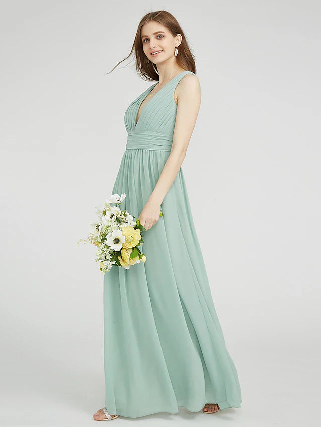 Sheath / Column Bridesmaid Dress V Neck Sleeveless Elegant Floor Length Chiffon with Ruched / Side Draping