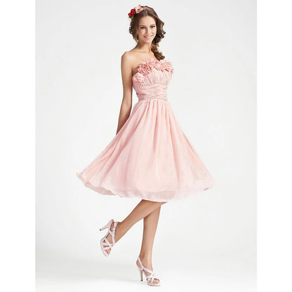 Ball Gown Dress Cocktail Party Knee Length Sleeveless Strapless Chiffon with Ruched Draping Flower