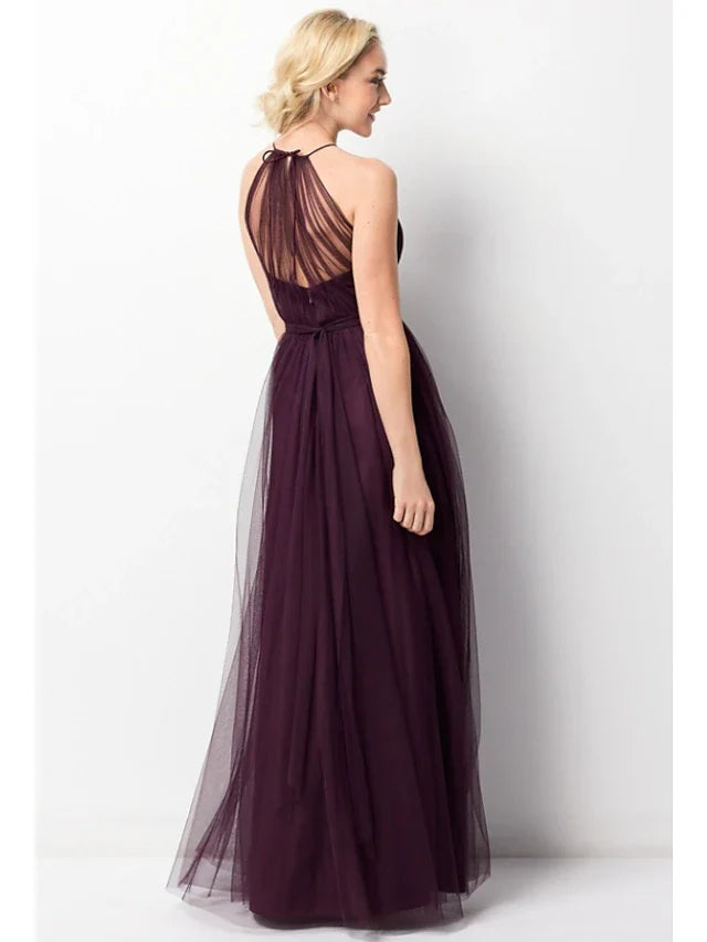 A-Line Bridesmaid Dress Halter Neck Sleeveless Elegant Floor Length Chiffon / Tulle with