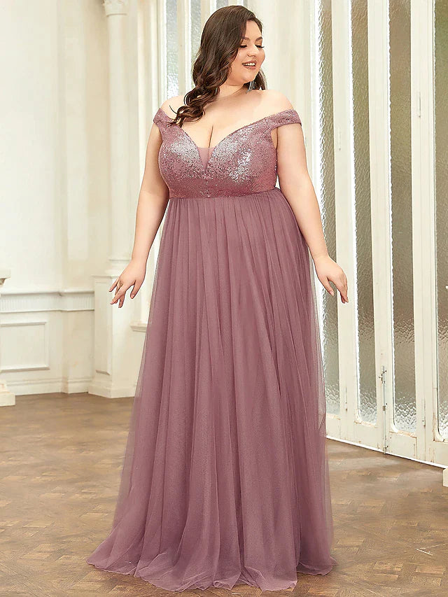 Bridesmaid Dress V Neck Sleeveless Elegant Floor Length Tulle / Sequined with Draping / Tier / Solid Color