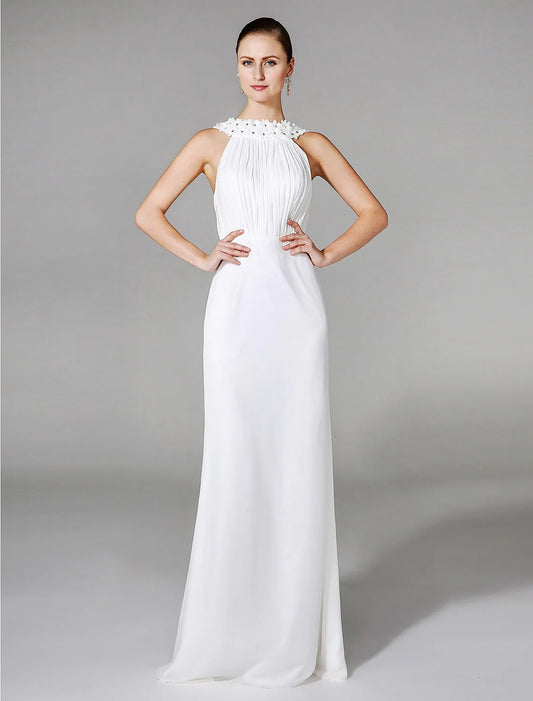 Sheath / Column High Neck Sleeveless Chapel Train Chiffon Bridal Gowns With Beading Draping