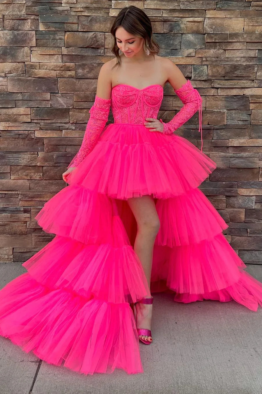 Lace Corset Tiered High-Low Prom Gown
