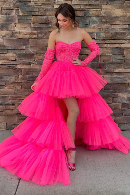 Lace Corset Tiered High-Low Prom Gown