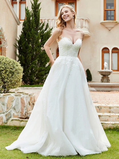 Lace Heart-shaped Collar Strapless Ruched Backless Sweep Train Sweet Elegant Wedding Dress