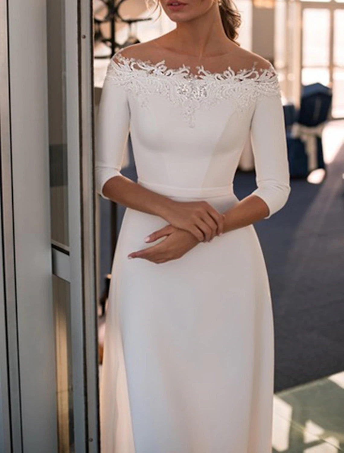 Fall November December Formal Simple Wedding Dresses A-Line Off Shoulder Length Sleeve Sweep Train Lace Appliques Solid Color Formal Elegant Bridal Gowns