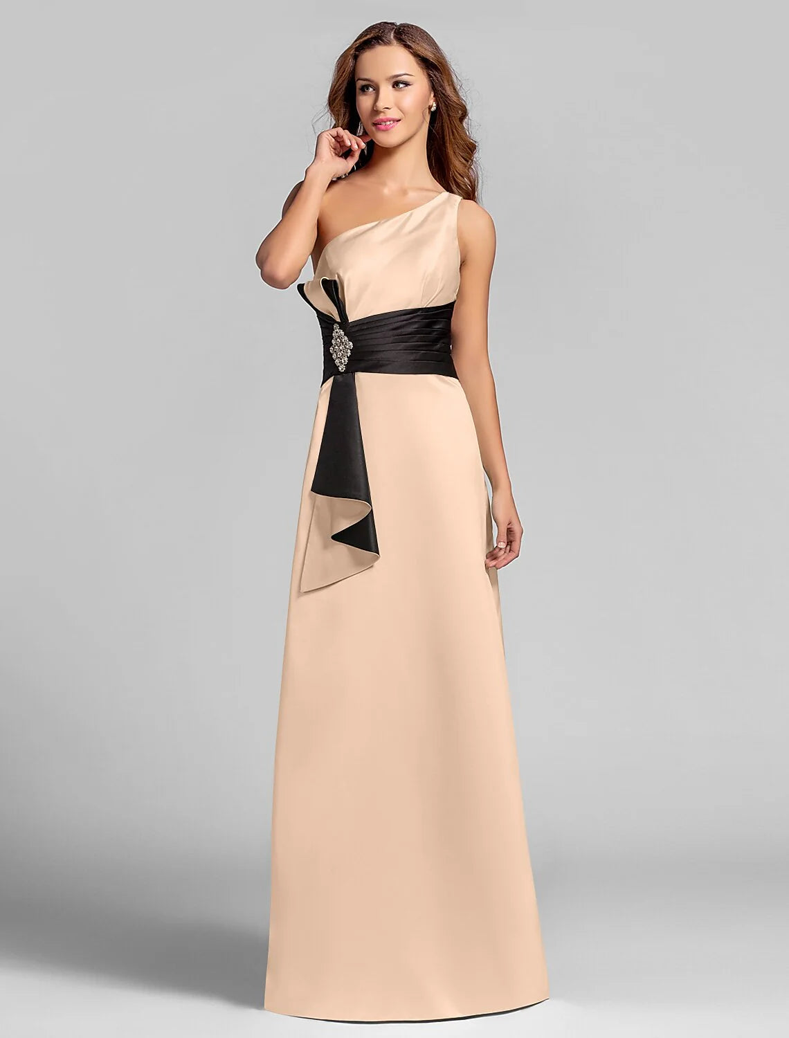 A-Line One Shoulder Floor Length Satin Bridesmaid Dress with Crystal Brooch