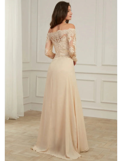 A-Line Evening Gown Elegant Dress Wedding Guest Floor Length Long Sleeve Off Shoulder Polyester with Overskirt Appliques