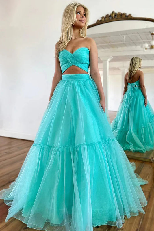 Off Shoulder A-line Mint Green Tulle Prom Long Formal Dress