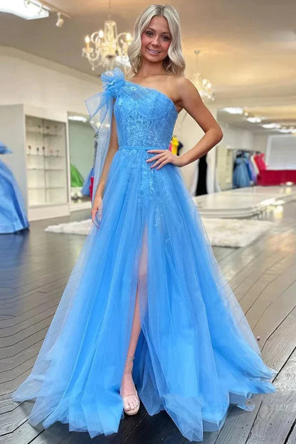 One Shoulder Blue Lace Long Prom Dresses with Slit