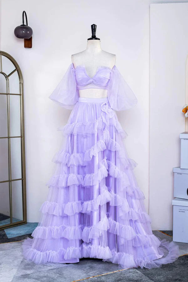 Off the Shoulder Ruffles Prom Dress with Slit
