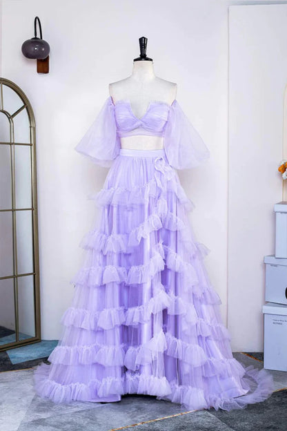 Off the Shoulder Ruffles Prom Dress with Slit