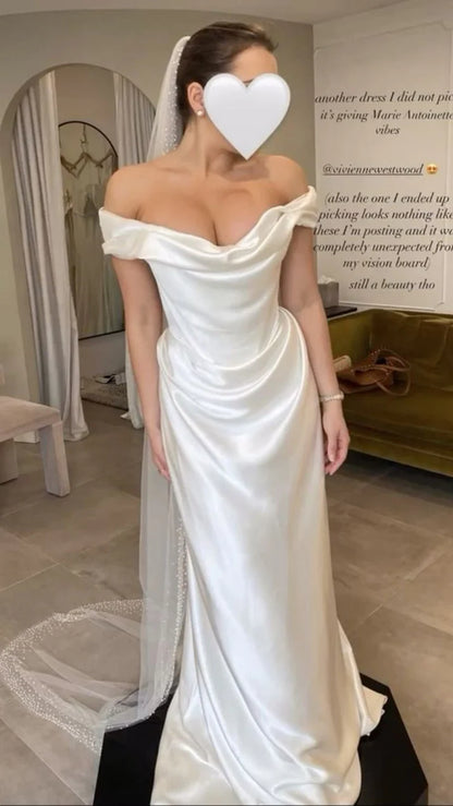 Off The Shoulder Pleated Sheath Satin Long Wedding Gown