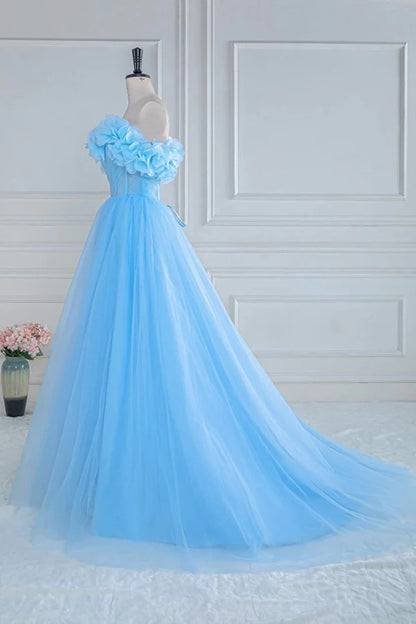 Strapless Flower A-Line Tulle Blue Prom Dress