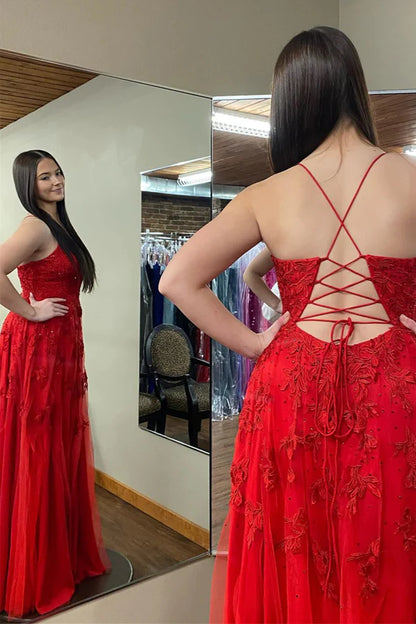 Plunging V Neck Floral Appliques Long Prom Dress with Slit