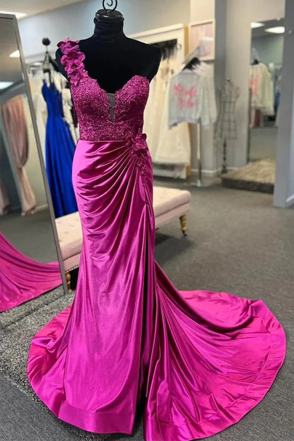 One-Shoulder  Floral Lace Pleated  Prom Gown with Slit