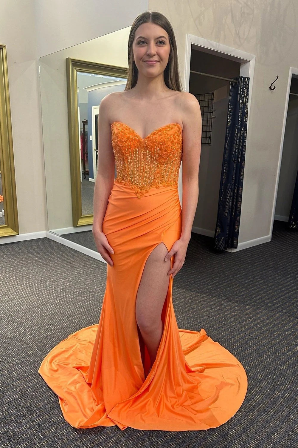 Orange Sweetheart Mermaid Off-the-Shoulder Floor-Length Prom Dress With Slit