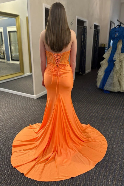 Orange Sweetheart Mermaid Off-the-Shoulder Floor-Length Prom Dress With Slit