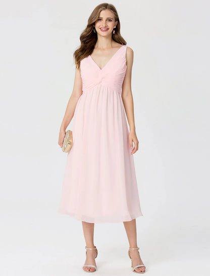 Ball Gown / A-Line V Neck Tea Length Chiffon Bridesmaid Dress with Criss Cross / Beading