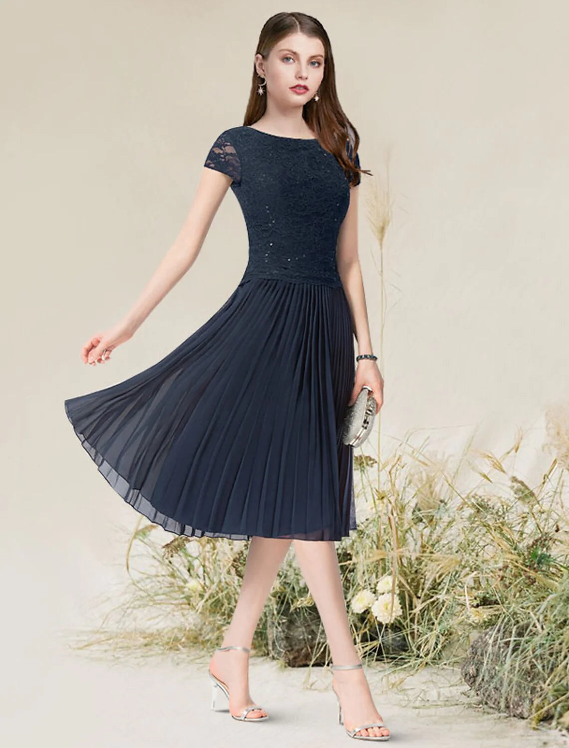 A-Line Cocktail Dresses Flirty Dress Homecoming Wedding Guest Tea Length Short Sleeve Jewel Neck Chiffon with Pleats