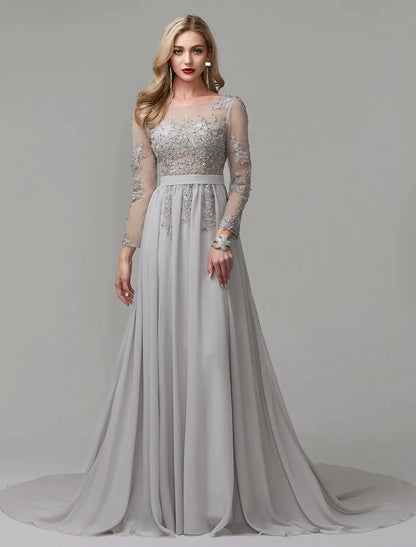 A-Line Luxurious Engagement Formal Evening Dress Illusion Neck V Back Low Back Long Sleeve Chapel Train Chiffon with Sequin Appliques