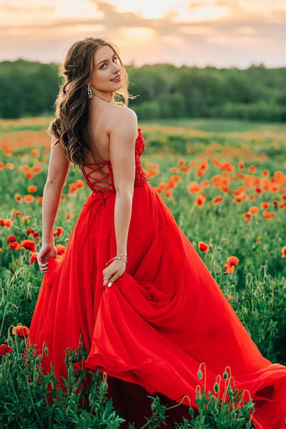 Sweep/Brush Train Dresses Off The Shoulder A-line Chiffon Applique Lace-Up Long Prom Dress