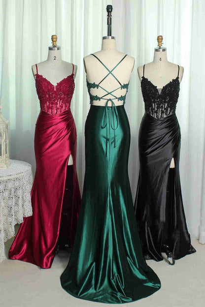 Sheath Mermaid Emerald Green  Sweep/Brush Train Dresses Straps Ruched Prom Dress with Slit