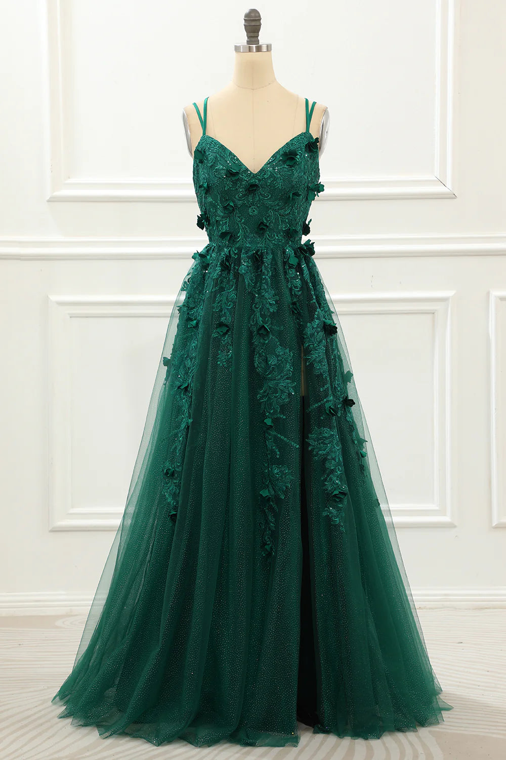 A Line V-Neck Dark Green Tulle Lace-Up Back Prom Dress with Appliques